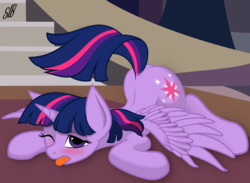 Size: 4860x3558 | Tagged: safe, artist:hioshiru, artist:slb94, twilight sparkle, alicorn, pony, g4, absurd resolution, blushing, butt, face down ass up, female, looking at you, mare, plot, solo, spread wings, tongue out, twilight sparkle (alicorn), vector, wings