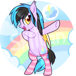 Size: 1500x1500 | Tagged: safe, artist:sugguk, oc, oc only, oc:thunder clouds, bat pony, pony, bipedal, clothes, female, mare, obtrusive watermark, rainbow, socks, solo, striped socks, watermark