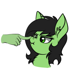 Size: 1046x1055 | Tagged: safe, artist:duop-qoub, oc, oc only, oc:anon, oc:filly anon, annoyed, boop, bust, chest fluff, cross-eyed, ear fluff, female, filly, fluffy, frown, glare, hand, lidded eyes, nose wrinkle, portrait, scrunchy face, simple background, solo focus, white background