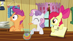 Size: 1280x720 | Tagged: safe, screencap, apple bloom, scootaloo, sweetie belle, pony, g4, hearts and hooves day (episode), book, clubhouse, crusaders clubhouse, cutie mark crusaders, feather, hearts and hooves day, lantern, plucking, reaction, trio, window