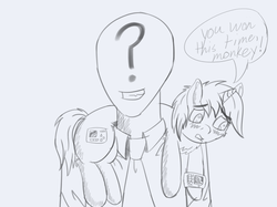 Size: 3000x2245 | Tagged: safe, artist:awesometheweirdo, oc, oc:anon, oc:littlepip, human, pony, unicorn, fallout equestria, baka, behaving like a cat, black and white, blushing, clothes, crossover, cute, cutie mark, dialogue, fanfic, fanfic art, female, grayscale, high res, horn, mare, monochrome, pipbuck, pony pet, simple background, teeth, white background