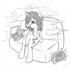 Size: 1993x1934 | Tagged: safe, artist:underpable, rarity, pony, bridle gossip, g4, alternate hairstyle, couch, female, food, hairity, mare, monochrome, munchies, pizza, radio, solo, stoner