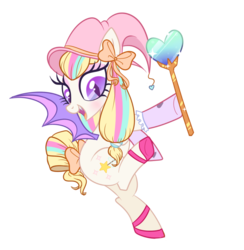Size: 831x851 | Tagged: safe, artist:peachesandcreamated, oc, oc only, oc:wish craft, bat pony, pony, bow, clothes, female, hair bow, mare, multicolored hair, rainbow hair, simple background, socks, solo, story included, tail bow, transparent background