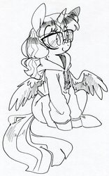 Size: 814x1307 | Tagged: source needed, safe, artist:php27, twilight sparkle, alicorn, pony, g4, alternate hairstyle, clothes, cute, female, glasses, hoodie, sitting, sketch, smiling, solo, spread wings, traditional art, twilight sparkle (alicorn)
