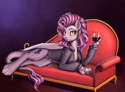 Size: 3824x2800 | Tagged: safe, artist:l1nkoln, oc, oc only, oc:shadowgale, hybrid, original species, alcohol, clothes, couch, high res, jacket, on side, solo, wine, wine glass