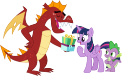 Size: 1852x1164 | Tagged: safe, artist:cloudy glow, garble, spike, twilight sparkle, alicorn, dragon, pony, g4, eyes closed, female, hand on hip, male, open mouth, present, raised hoof, ship:twigarble, shipping, simple background, smiling, spread wings, straight, transparent background, trio, twilight sparkle (alicorn), underhoof, vector