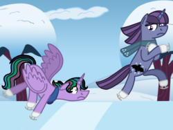 Size: 2048x1536 | Tagged: safe, artist:kindheart525, oc, oc only, oc:moonstone, oc:velvet shade, alicorn, pony, kindverse, alicorn oc, clothes, face down ass up, ice skates, ice skating, magical lesbian spawn, majestic, majestic as fuck, next generation, offspring, parent:good king sombra, parent:king sombra, parent:maud pie, parent:princess celestia, parent:trixie, parents:celestibra, parents:mauxie, scarf, tripping