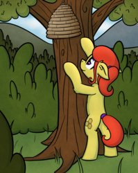 Size: 2272x2852 | Tagged: safe, artist:moemneop, oc, oc only, oc:honey drop, earth pony, pony, beehive, butt, female, high res, mare, plot, solo, this will end in pain, tree
