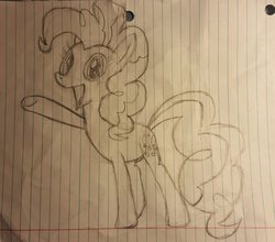 Size: 1024x902 | Tagged: safe, artist:rainbowmuffinpony, pinkie pie, earth pony, pony, g4, female, lined paper, monochrome, pencil drawing, solo, traditional art