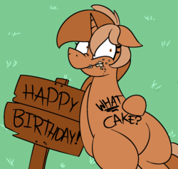 Size: 1158x1098 | Tagged: safe, artist:cowsrtasty, oc, oc only, oc:sign, pony, unicorn, birthday, blatant lies, body writing, cake, food, freckles, grass, happy birthday, on back, shrunken pupils, sign, solo