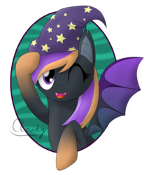 Size: 1700x2000 | Tagged: safe, artist:cloudy95, oc, oc only, oc:sophie, bat pony, pony, female, hat, mare, one eye closed, simple background, solo, transparent background, wink, witch hat