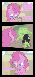 Size: 1286x2828 | Tagged: safe, artist:happy harvey, pinkie pie, oc, oc:anon, oc:filly anon, earth pony, pony, g4, butt, cherry, cloud, colored, comic, cupcake, dastardly, dialogue, dirt, dock, evil, evil grin, evil laugh, evil pinkie pie, featureless crotch, female, filly, food, grass, grin, looking back, looking down, mare, mischievous, phone drawing, plot, rear view, road, smiling, this will end in death, this will end in pain, this will end in tears, this will end in tears and/or death, this will not end well, town, trotting
