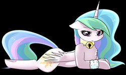 Size: 1386x834 | Tagged: safe, artist:php69, princess celestia, pony, g4, bell, bell collar, black background, collar, female, prone, simple background, solo