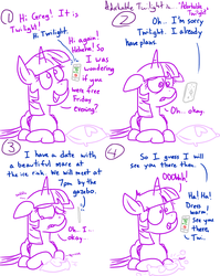Size: 1280x1611 | Tagged: safe, artist:adorkabletwilightandfriends, twilight sparkle, oc, oc:greg, alicorn, pony, comic:adorkable twilight and friends, g4, adorkable twilight, bait and switch, cellphone, comic, cute, date, everything went better than expected, floppy ears, frown, levitation, lineart, magic, open mouth, phone, pillow, prone, puns in the comments, romance, sad, slice of life, smartphone, smiling, smooth as fuck, telekinesis, twilight sparkle (alicorn), wavy mouth, wide eyes