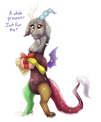 Size: 1356x1638 | Tagged: safe, artist:confetticakez, discord, draconequus, g4, christmas, crying, cute, daaaaaaaaaaaw, dialogue, discute, floppy ears, holiday, implied fluttershy, implied princess celestia, male, open mouth, present, question, question in description, simple background, snow, solo, talking to viewer, tears of joy, white background