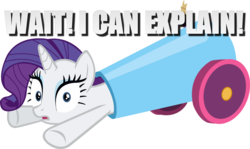 Size: 960x574 | Tagged: safe, rarity, pony, unicorn, g4, cannon, caught, female, horn, image macro, meme, pony cannonball, simple background, solo, surprised, white background, wide eyes