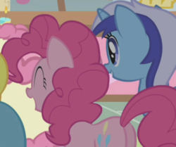 Size: 413x345 | Tagged: safe, screencap, minuette, pinkie pie, pony, g4, griffon the brush off, butt, cropped, female, mare, plot