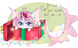 Size: 1280x785 | Tagged: safe, artist:niniibear, oc, oc only, oc:morning aura, pony, blue, blushing, bow, box, chibi, christmas, commission, cute, gem, inside box, lights, pink, present, semi closed species, simple background, solo, species, stars, transparent background, ych result