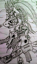 Size: 873x1507 | Tagged: safe, doodle, gun, lined paper, monochrome, post-apocalyptic, postapony, traditional art, tribal, weapon