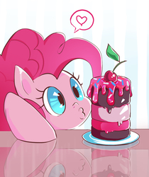 Size: 1166x1389 | Tagged: safe, artist:jellopopsicle, pinkie pie, earth pony, pony, g4, bust, cake, cherry, cute, diapinkes, duckface, eyes on the prize, female, food, portrait, solo