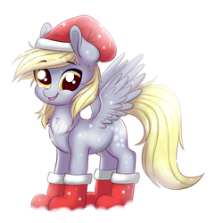 Size: 1001x1000 | Tagged: safe, artist:confetticakez, derpy hooves, pegasus, pony, g4, chest fluff, cute, derpabetes, female, hat, mare, pumkinroll is trying to murder us, santa hat, simple background, snow, snowfall, solo, white background