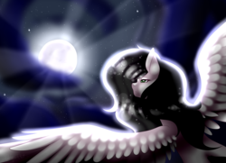 Size: 3600x2600 | Tagged: safe, artist:minelvi, oc, oc only, oc:night sky, pegasus, pony, eyelashes, female, flying, full moon, high res, mare, moon, night, pegasus oc, solo, stars, wings