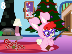 Size: 1024x768 | Tagged: safe, artist:bronybyexception, ruby pinch, twist, pony, g4, a christmas story, advent calendar, animal costume, bb gun, broken glasses, bunny costume, candy, candy cane, christmas, christmas tree, clothes, costume, cutie mark, fireplace, food, glasses, gun, hearth's warming eve, leg lamp, major award, pellet gun, picture, this will end in tears, this will end with somepony losing an eye, tree, weapon