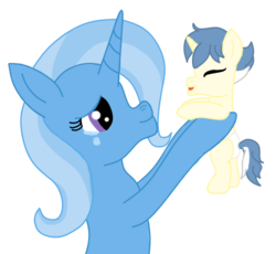 Size: 609x561 | Tagged: safe, artist:yurayka, trixie, oc, pony, g4, adopted offspring, baby, baby pony, crying, holding a pony, parent:starlight glimmer, parent:trixie, parents:startrix, simple background, transparent background, vector