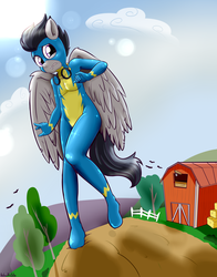 Size: 2040x2605 | Tagged: safe, artist:anibaruthecat, rumble, anthro, unguligrade anthro, g4, barn, clothes, giant anthro, giant pegasus, giant pony, goggles, high res, hoof feet, macro, male, solo, wonderbolts uniform