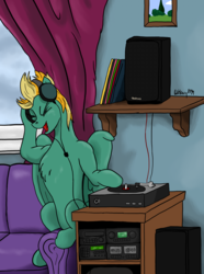 Size: 3192x4288 | Tagged: safe, artist:witkacy1994, lightning dust, pony, g4, cassette player, couch, female, headphones, listening, music, photo, solo, speaker, stereo, turntable, window