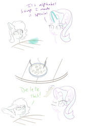 Size: 1400x2050 | Tagged: safe, starlight glimmer, oc, oc:anon, oc:filly anon, earth pony, pony, unicorn, g4, alphabet soup, can you spare a dime?, cute, delet this, dialogue, female, filly, food, i'm not cute, levitation, magic, mare, one eye closed, open mouth, simple background, soup, spongebob squarepants, steam, telekinesis, u are cute, underhoof, white background
