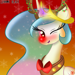 Size: 1000x1000 | Tagged: safe, artist:lennonblack, princess celestia, alicorn, pony, g4, animal costume, blushing, christmas, clothes, costume, cute, cutelestia, female, mare, one eye closed, open mouth, patreon, patreon logo, red nose, reindeer costume, rudolph the red nosed reindeer, solo, wink