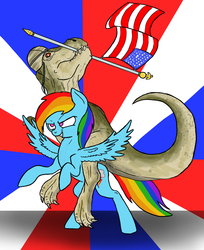 Size: 1000x1223 | Tagged: safe, artist:slamjam, rainbow dash, dinosaur, pegasus, pony, tyrannosaurus rex, g4, american flag, army helmet, flag waving, helmet, rearing, simple background, striped background, united states