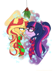 Size: 2400x3200 | Tagged: safe, artist:xxsunsetshimmer23xx, sci-twi, sunset shimmer, twilight sparkle, equestria girls, g4, blushing, boop, christmas, clothes, cute, female, high res, holly, holly mistaken for mistletoe, lesbian, noseboop, scarf, ship:sci-twishimmer, ship:sunsetsparkle, shipping, simple background, snow, snowfall, transparent background, twiabetes