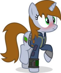 Size: 6000x7208 | Tagged: safe, artist:starlessnight22, oc, oc only, oc:littlepip, pony, unicorn, fallout equestria, absurd resolution, blushing, clothes, cute, fanfic, fanfic art, female, hooves, horn, jumpsuit, mare, nose wrinkle, ocbetes, pipabetes, pipbuck, raised hoof, show accurate, simple background, solo, transparent background, vault suit