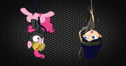 Size: 450x235 | Tagged: safe, pinkie pie, g4, agent, black background, crossover, hanging, isabella garcia shapiro, phineas and ferb, simple background, surprised, upside down, wide eyes