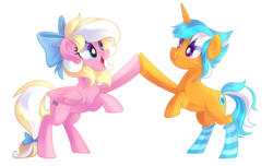 Size: 3700x2256 | Tagged: safe, artist:drawntildawn, oc, oc only, oc:bay breeze, oc:passion freeze, pegasus, pony, unicorn, bow, clothes, duo, hair bow, high res, hoofbump, simple background, socks, striped socks, tail bow, transparent background