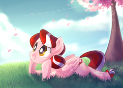 Size: 2100x1500 | Tagged: safe, artist:drawntildawn, oc, oc only, oc:cherry blossom, pony, grass, solo