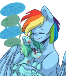 Size: 850x980 | Tagged: safe, artist:yuyusunshine, rainbow dash, oc, g4, beaten up, bruised, crying, female, filly, mother and daughter, offspring, parent:rainbow dash, parent:soarin', parents:soarindash, simple background, transparent background