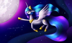 Size: 3300x2000 | Tagged: safe, artist:kimtita, princess celestia, pony, g4, female, flying, high res, moon, night, night sky, solo