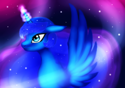 Size: 2000x1410 | Tagged: safe, artist:kimtita, princess luna, pony, g4, female, glowing horn, horn, night, night sky, solo, spread wings