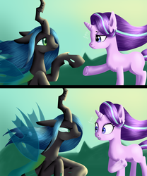 Size: 1024x1229 | Tagged: safe, artist:kimtita, queen chrysalis, starlight glimmer, pony, g4, to where and back again, comic, former queen chrysalis, gradient background, lidded eyes, looking at each other, scene interpretation, spread wings