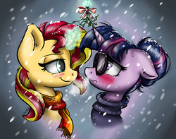Size: 3161x2491 | Tagged: safe, artist:gaelledragons, sci-twi, sunset shimmer, twilight sparkle, pony, unicorn, equestria girls, g4, blushing, clothes, duo, equestria girls ponified, female, glasses, high res, lesbian, magic, mistletoe, ponified, scarf, ship:sci-twishimmer, ship:sunsetsparkle, shipping, snow, sweater, winter