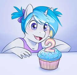 Size: 1771x1718 | Tagged: safe, artist:askbubblelee, oc, oc only, oc:bubble lee, unicorn, anthro, anthro oc, birthday, cat-named-fish is trying to muder us, cupcake, cute, female, filly, foal, food, ocbetes, solo, younger