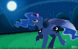 Size: 5336x3344 | Tagged: safe, artist:glitterstar2000, princess luna, pony, g4, cloven hooves, female, moon, open mouth, raised hoof, solo