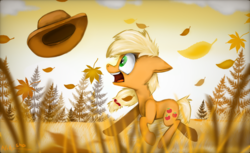 Size: 1180x720 | Tagged: safe, artist:nikisha15, applejack, earth pony, pony, g4, female, open mouth, running, solo, wind