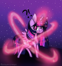 Size: 584x621 | Tagged: safe, artist:playercreeps, twilight sparkle, alicorn, pony, g4, :t, exclamation point, female, glowing horn, horn, interrobang, looking at you, magic, night, question mark, solo, spread wings, stars, twilight sparkle (alicorn)