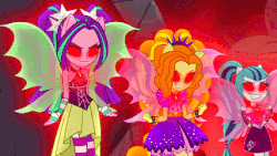 Size: 427x240 | Tagged: safe, screencap, adagio dazzle, aria blaze, sonata dusk, equestria girls, rainbow rocks, animated, bare shoulders, evil grin, female, fin wings, gif, glowing eyes, grin, ponied up, sleeveless, smiling, the dazzlings