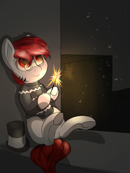 Size: 1500x2000 | Tagged: safe, artist:chapaevv, oc, oc only, oc:nightly, earth pony, pony, christmas, clothes, glasses, hat, new year, sitting, solo, sparkles, sweater