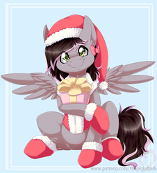 Size: 1280x1417 | Tagged: safe, artist:pinktabico, oc, oc only, pegasus, pony, clothes, cute, hat, looking at you, present, santa hat, sitting, smiling, socks, solo